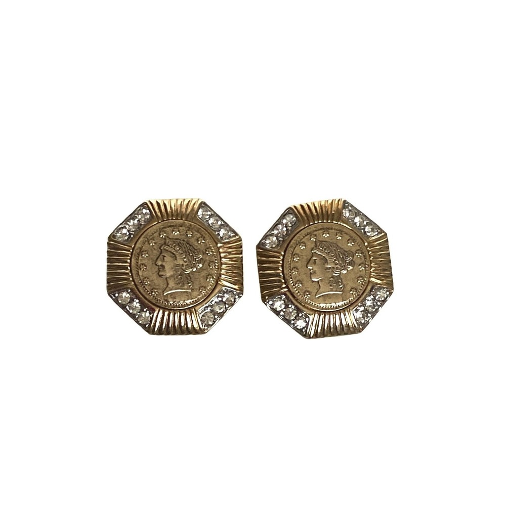 Vintage Gold Tone Coin Clip On Earrings Rhinestone Accent Octagon Statement - Picture 3 of 5
